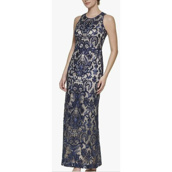 Vince Camuto Blue Sequins Embroidered Column Gown Maxi Dress NEW